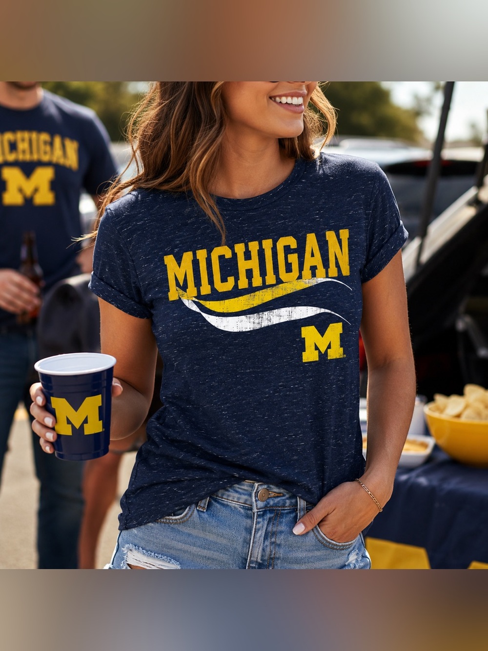 Michigan Wolverines Graphic Tee Navy Blue Space Dye Short Sleeve Top Medium